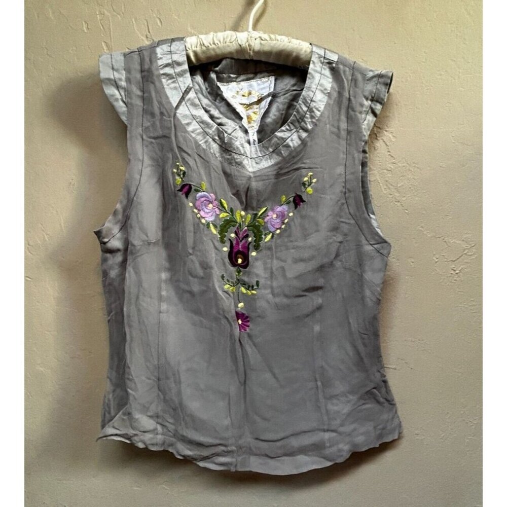 Knitted Dove Womens Embroidered Short Sleeve Silk Blouse Top Large Gray Casual